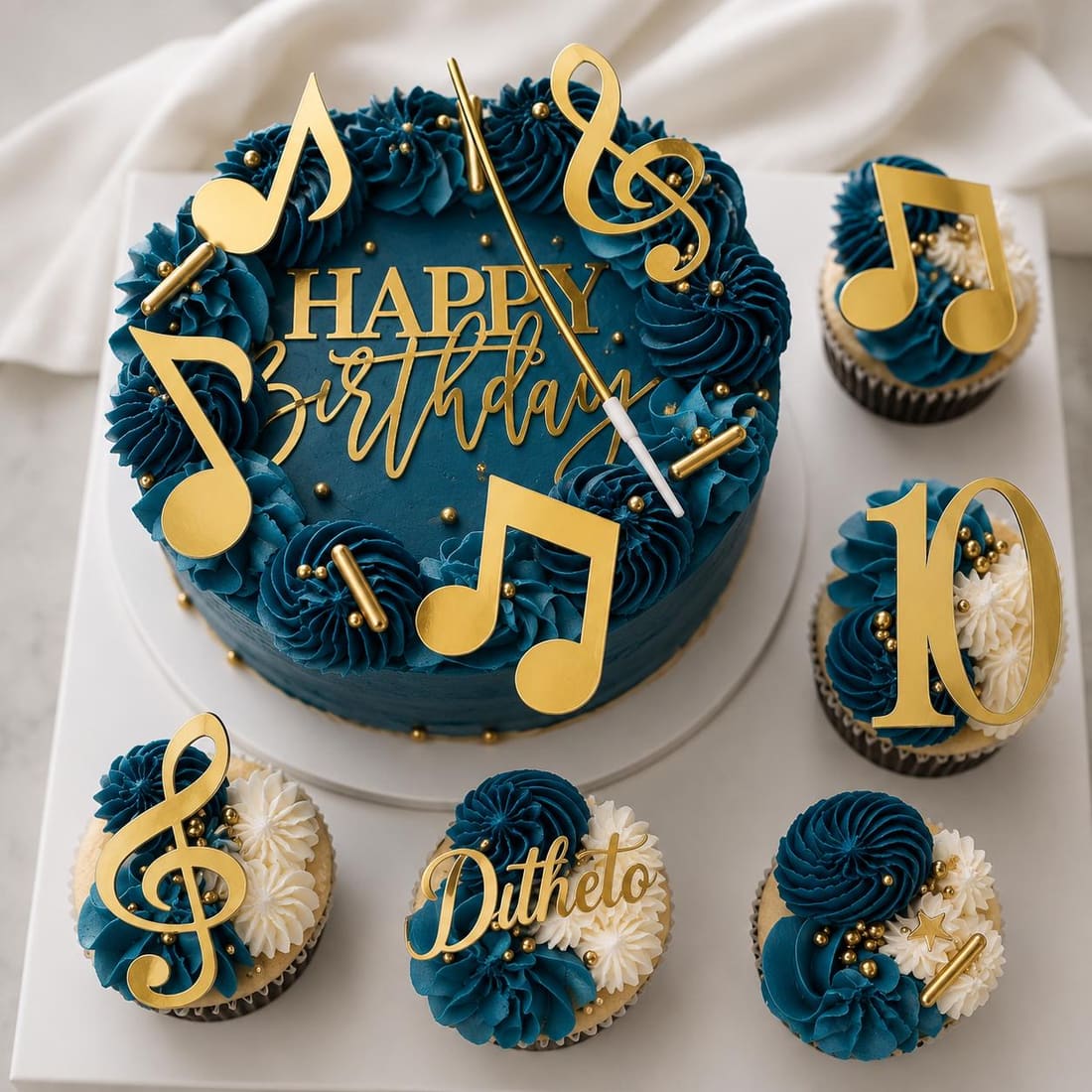 A teal and gold music-themed celebration cake with cupcakes