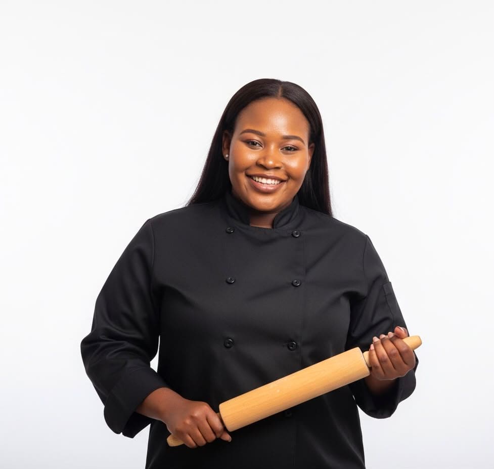 Lady M in chef's whites, holding a rolling pin